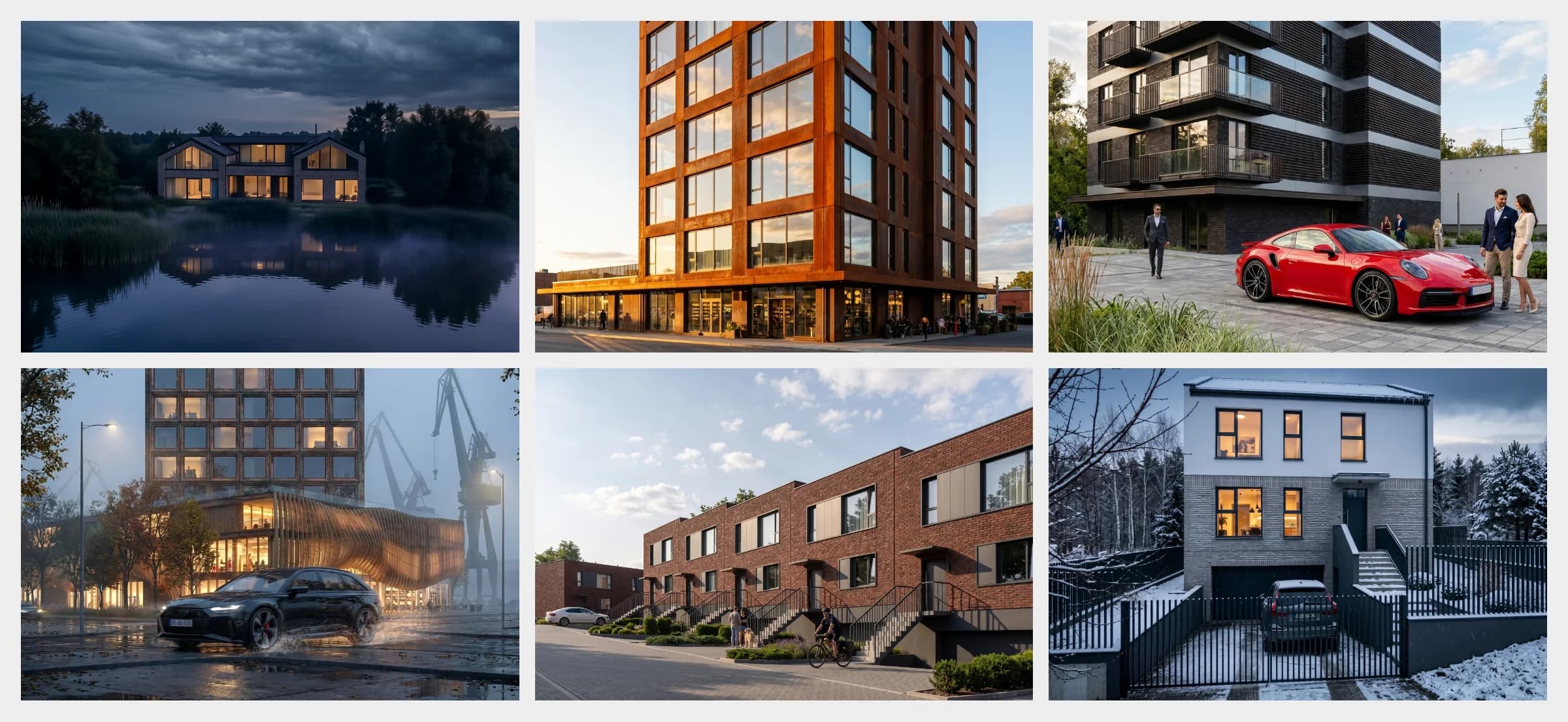 Six visualisations: a house by the water at dusk, a corten tower in the setting sun, a residential building with a red car in the driveway, a pavilion by shipyard cranes in the rain, brick terraced houses and a house in winter at dusk