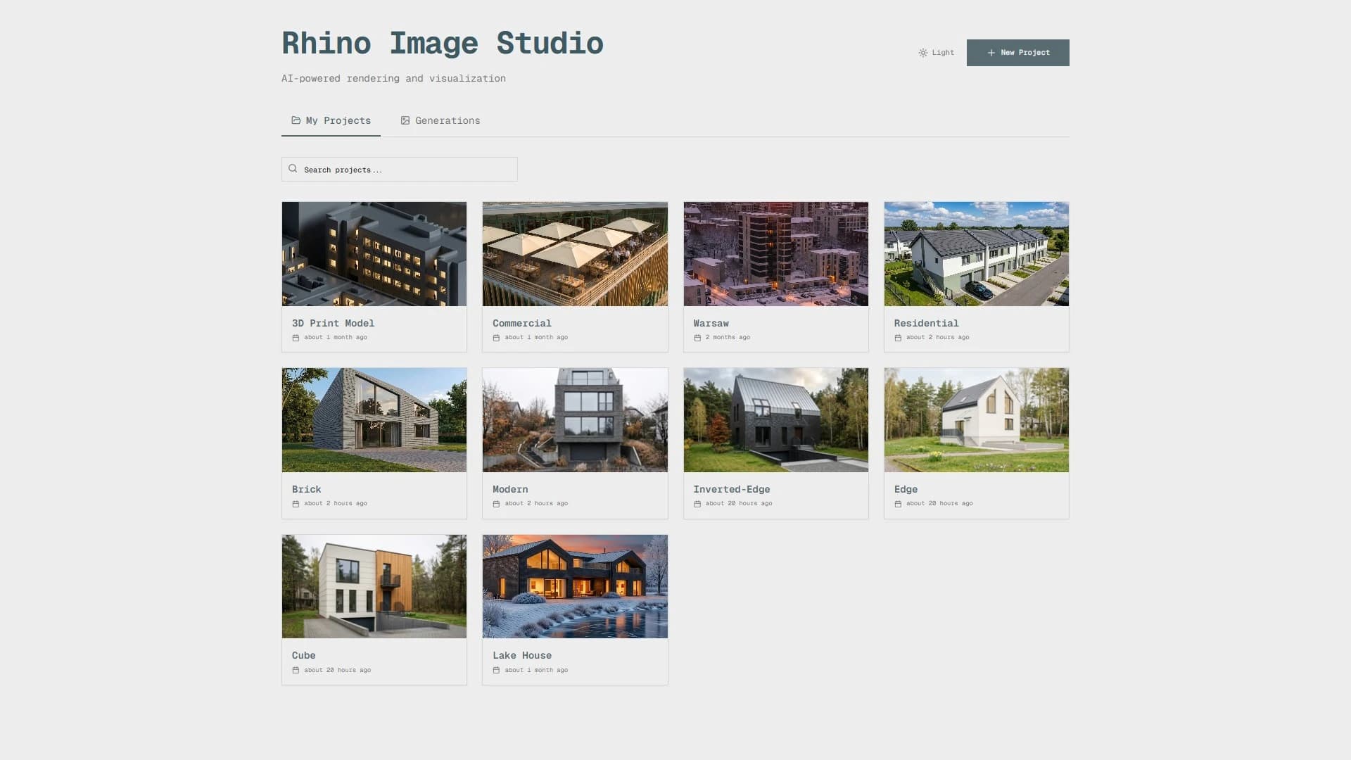 Dashboard — project list with thumbnails