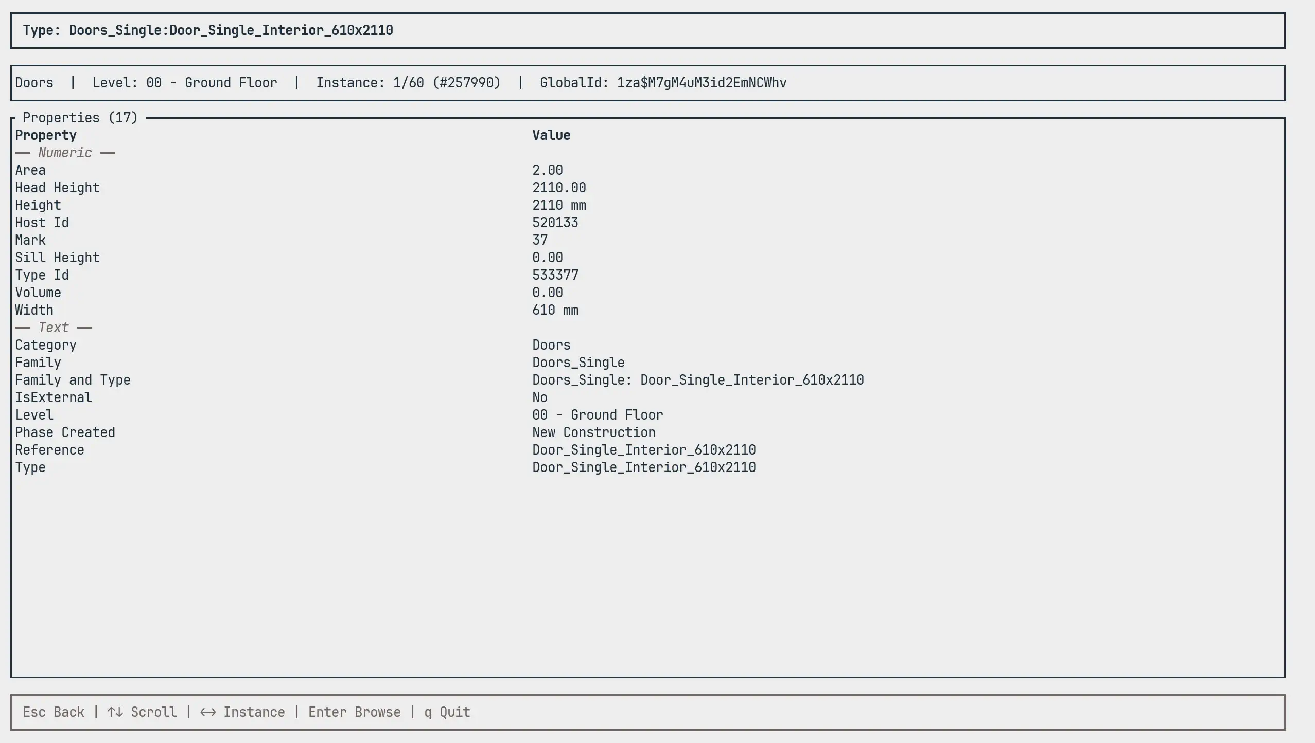Type Detail View — properties and instances of selected IFC type