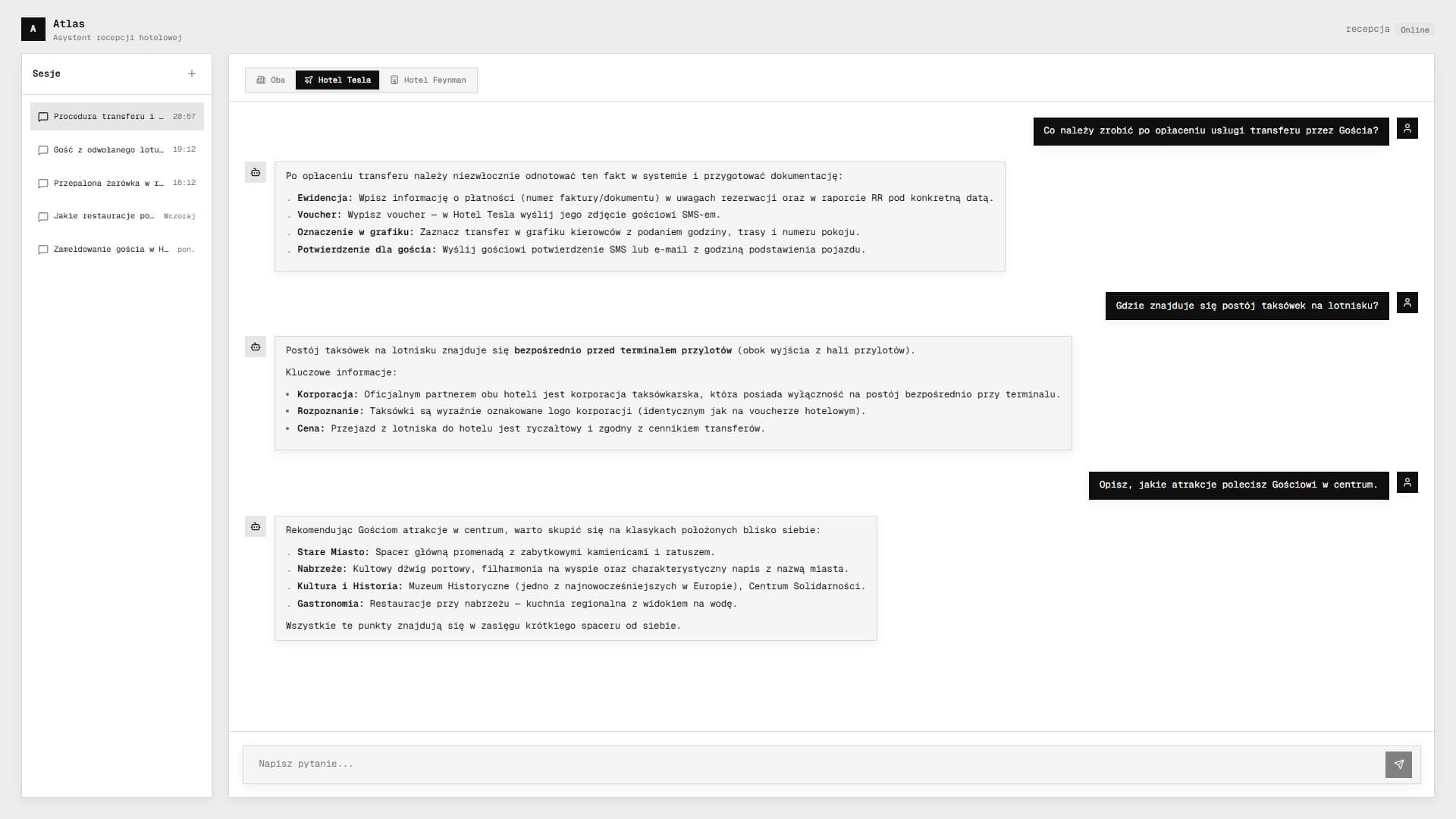 Atlas chat interface with hotel procedure answer