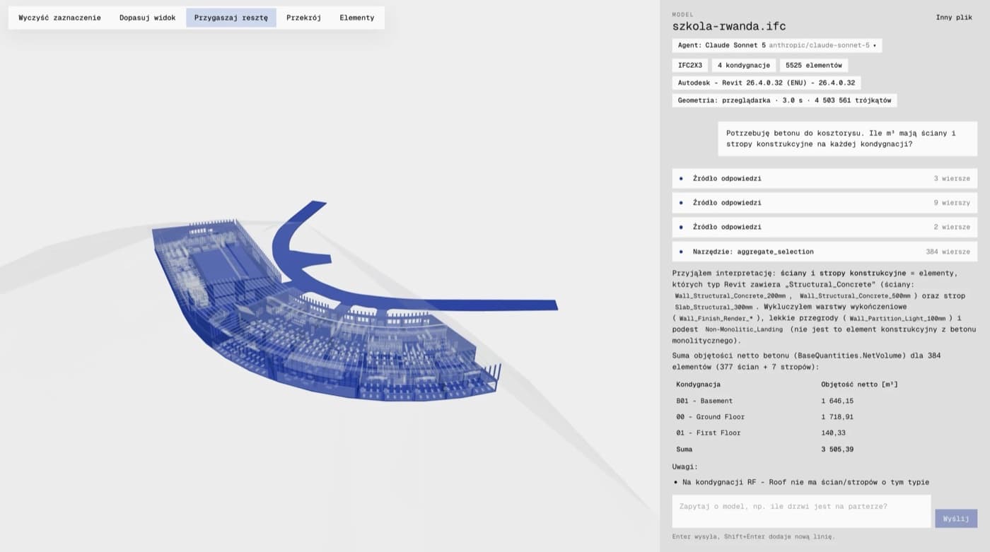 IFC-Agent: a 3D building model on the left, a concrete take-off question with sources and an answer table on the right